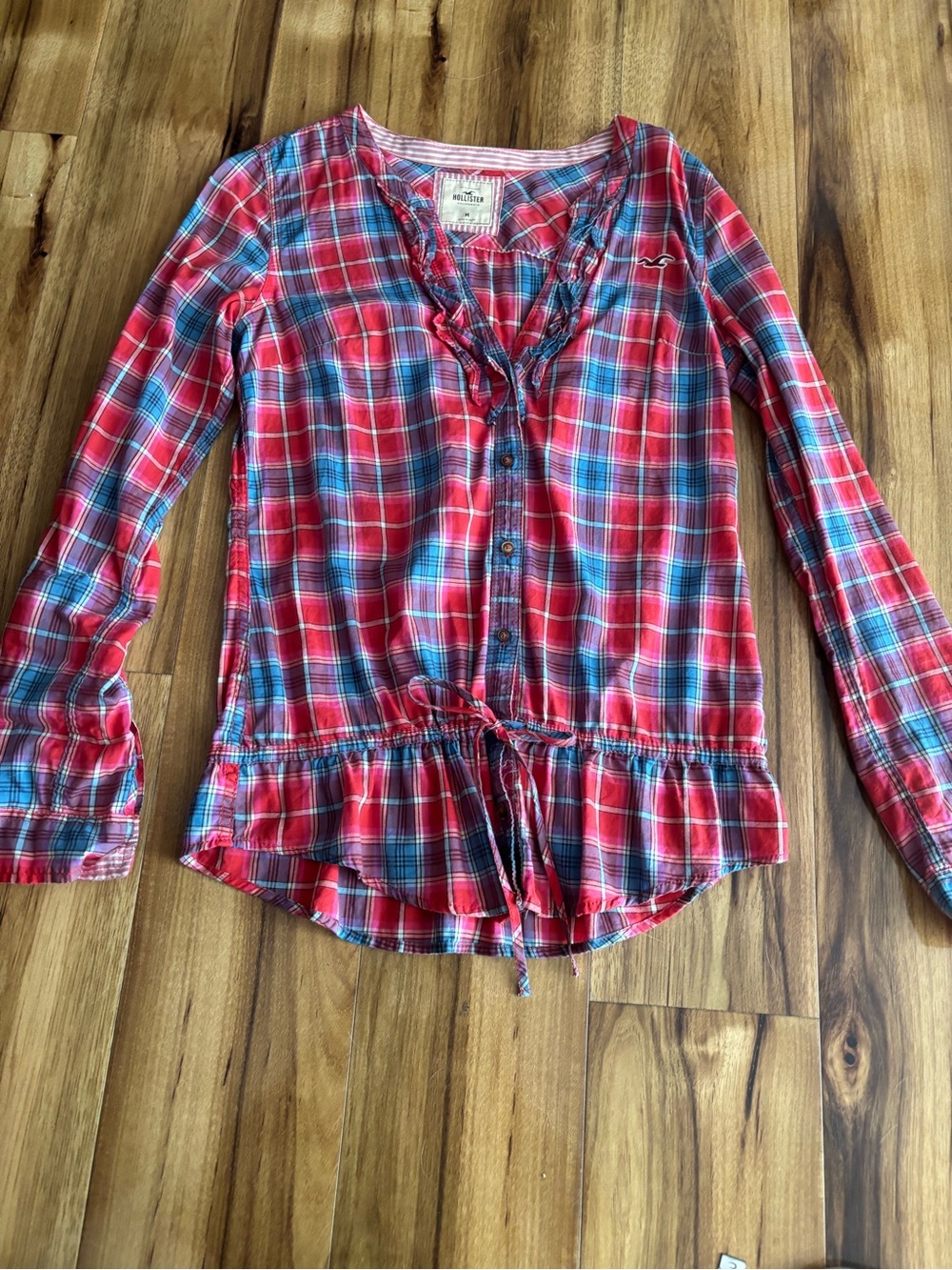 Hollister Red and Blue Plaid Button-Down Ruffle-Hem Top